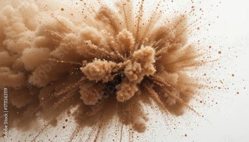 A high-speed photograph of a dust explosion, with a cloud of fine particles, on a bright white background.