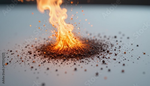 A close-up of a controlled burst, with small particles and glowing embers, on a blank white surface.