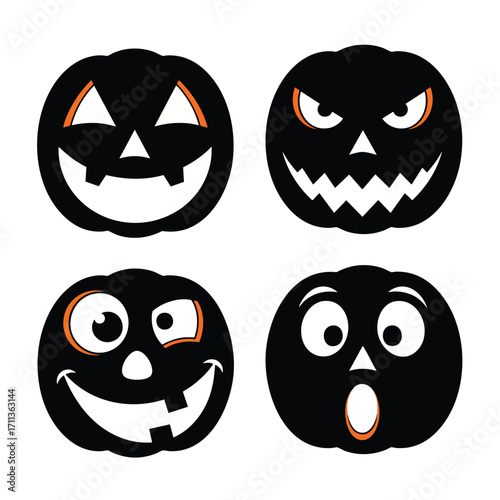 Four black Halloween pumpkin silhouettes with spooky funny and surprised carved faces.