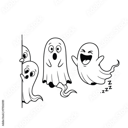 Four cute and funny cartoon ghosts with different expressions peeking from a corner.