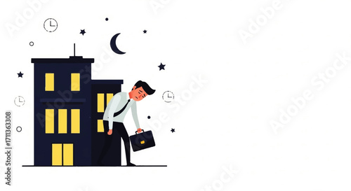 Exhausted businessman leaving office building at night, carrying briefcase.