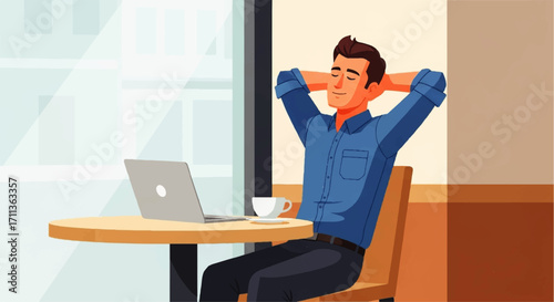 Man relaxing with laptop and coffee at a table.