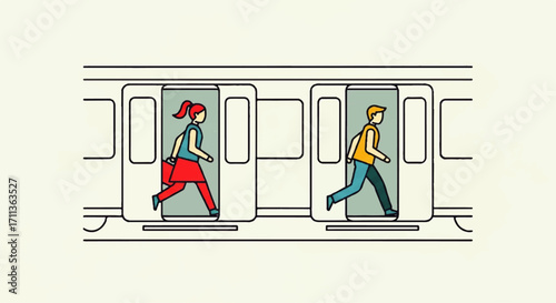 Illustration of a woman and man exiting a subway train through open doors.