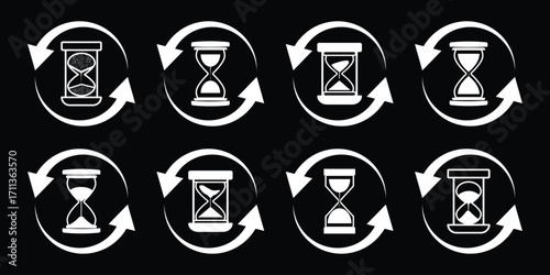 Hourglass icon set. Sand watch and sandglass, timer and watch symbol. timer symbol, time management, countdown, deadline, sand clock, minimalist design, productivity, business concept. eps 10