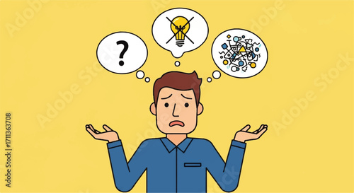 Illustration of a man with question mark, broken light bulb, and tangled wires in thought bubbles, conveying confusion and problem-solving challenges.