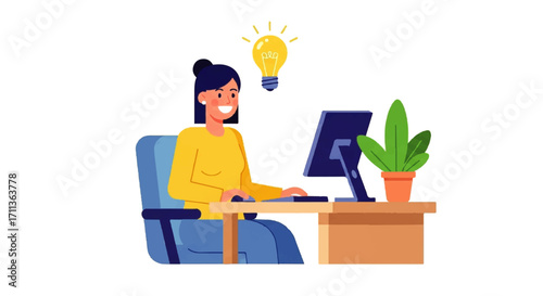 Woman working on computer with lightbulb above her head, symbolizing a new idea.