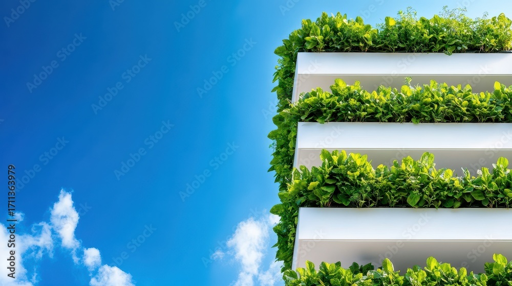Obraz premium Modern Building with Lush Vertical Garden Against Clear Blue Sky