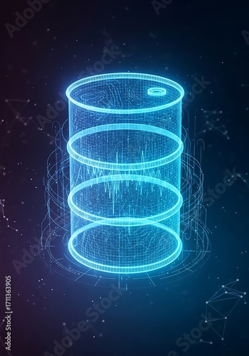 Digital Oil Barrel, Futuristic, Technology, Energy, Illustration.
