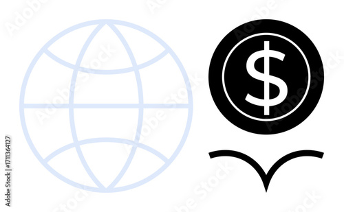 Minimalist globe outline, bold dollar coin, and upward curve signifying global trade, financial growth, and connectivity. Ideal for business, finance, trade, economy globalization wealth simple