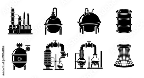 Industrial Plant and Equipment Icons Set Black and White Vector Illustration