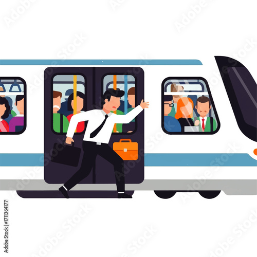 Man running to catch a train, with passengers inside.