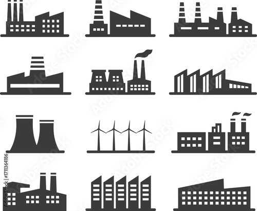 Industrial building icons set, factory and manufacturing plant silhouettes, energy production facilities, cooling towers, wind turbines, urban industry infrastructure illustration