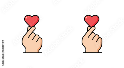 Two hands making a heart shape with red hearts illustration