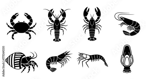 Assorted Crustaceans Black and White Line Art Seafood Set