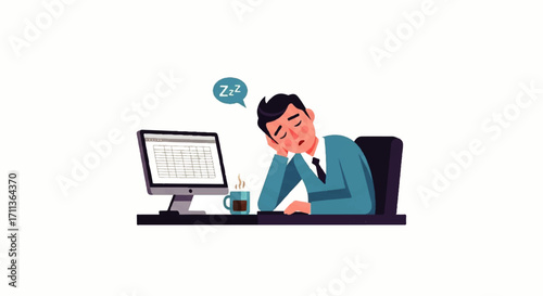 Tired businessman sleeping at his desk with a computer and coffee.