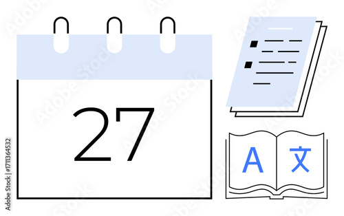 Large calendar with highlighted date beside an open book with multilingual alphabets and checklist in notes. Ideal for scheduling, educational planning, language learning, deadlines, organization
