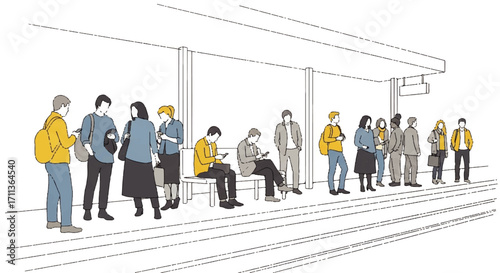 People waiting on a train platform, some using their phones.