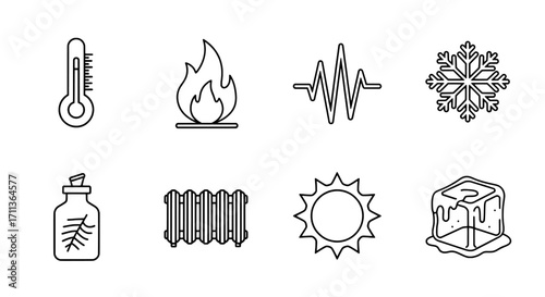 Set of Line Art Icons Representing Heat and Cold Temperatures