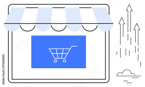 Store awning, shopping cart icon, growth arrows, and cloud. Ideal for e-commerce, growth, innovation, business strategy online shopping marketing retail. Flat and simple metaphor