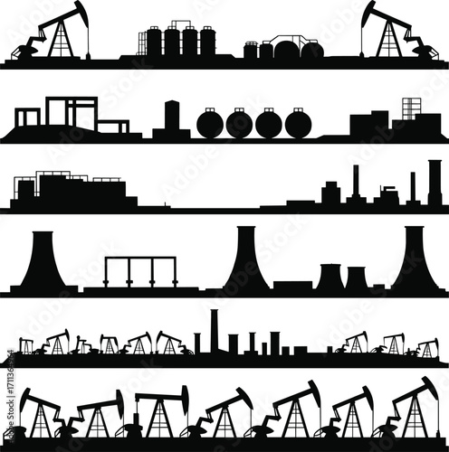 Industrial energy infrastructure silhouettes, oil drilling rigs, refineries, factories, power plants, fossil fuel extraction, manufacturing facilities, heavy industry, 