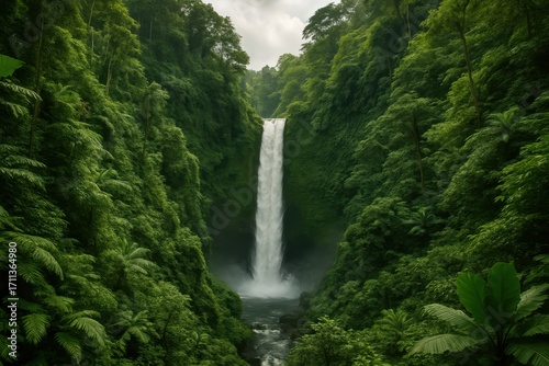 Majestic cascading waterfall plunging through emerald tropical rainforest canyon in pristine jungle paradise