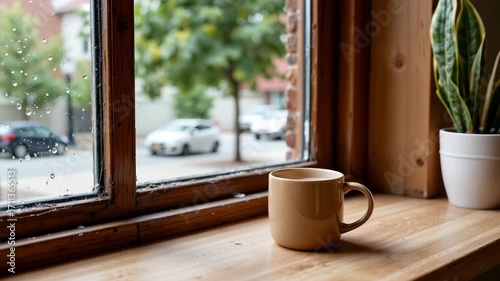Beige ceramic cup on wooden windowsill with potted plant, raindrops on window glass, blurred street view outside creating calm, cozy, peaceful atmosphere indoors and outdoors