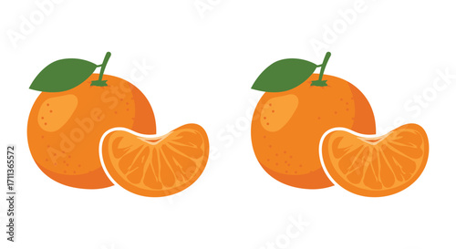 Fresh oranges displayed with both whole fruit and a sliced segment