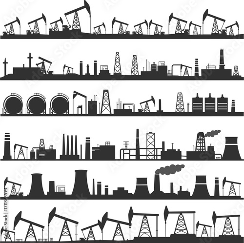 Industrial energy production, oil drilling rigs, power plants, manufacturing factories, refinery infrastructure, fossil fuel extraction, heavy industry, global energy sector illustration