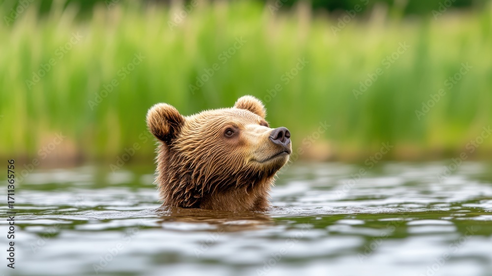 Obraz premium Grizzly Bear in Calm Water with Lush Green Background