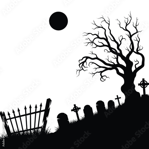 Spooky graveyard silhouette on a hill with a full moon gnarled dead tree and tombstones.