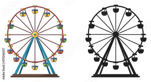 Colorful ferris wheel illustration alongside its black and white counterpart
