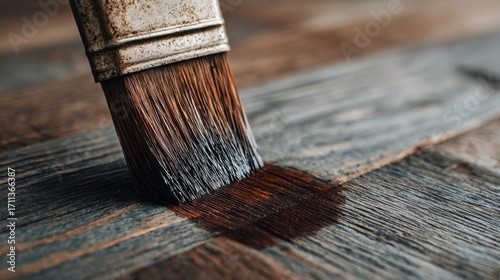 Close-up of Paint Brush Applying Dark Brown Stain to Wooden Surface in Workshop