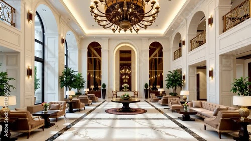 Luxurious hotel lobby featuring elegant chandelier, marble floor, comfortable leather sofa seating, large arched window, decorative plant, luxury interior, and stylish table creating warm inviting