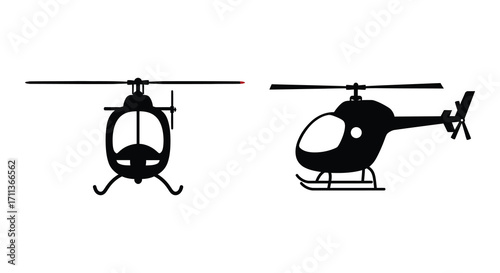 Two black silhouette helicopters shown in differing side views isolated