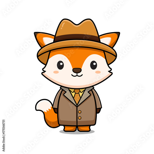 Cute Fox Detective Mascot Character Icon Illustration. Flat Cartoon Style Suitable for Web Landing Page, Banner, Sticker, Card