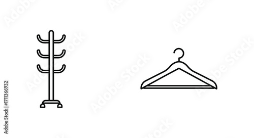 Simple line drawing of a coat rack and a single hanger