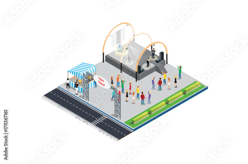 Illustration Music Festival Concept 3d Isometric View Concert Party Elements Landscape Background and Stage. Vector illustration of Musical Event