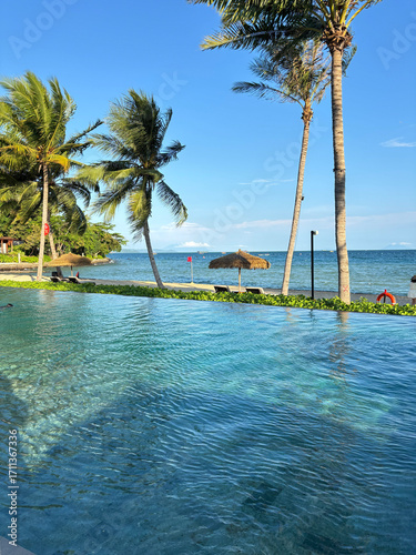 Tropical Beach Scene with Palm Trees and Poolside Relaxation in Sunny Weather