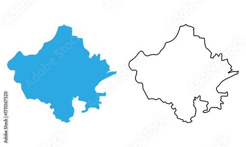 Map of the state of Rajasthan, India. Map with detailed outlines and blue silhouettes