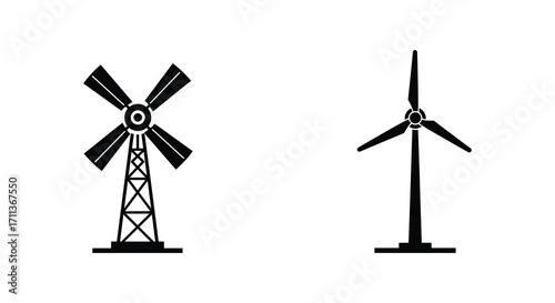 A simple illustration depicting a traditional windmill and a modern wind turbine