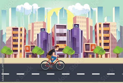 Young man rides a sports bike on a park road, Vector Illustration Bicycle man