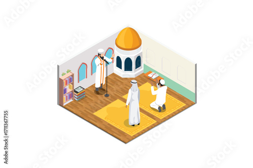 Illustration Praying in islam isometric composition with religious leader and muslims on mats on white background vector illustration, Suitable for Diagrams, Infographics, Book Illustration