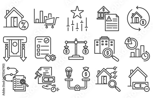 icon pack of refinance in creative outline vector style for loan debt restructuring mortgage refinancing financial freedom credit score improvement and money saving illustration