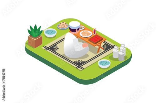 Isometric illustration ramadan kareem eating foody.  with food and drinks on the table. Suitable for Diagrams, Infographics, Book Illustration , Infographics, And Other Graphic asset