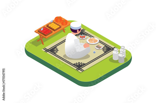 Isometric illustration ramadan kareem eating foody.  with food and drinks on the table. Suitable for Diagrams, Infographics, Book Illustration , Infographics, And Other Graphic asset