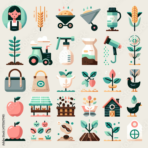 Vibrant farming icons and symbols for agriculture, gardening, and healthy living concepts

