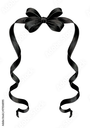Elegant Black Ribbon Bow Frame with Flowing Ribbon isolated on transparent background