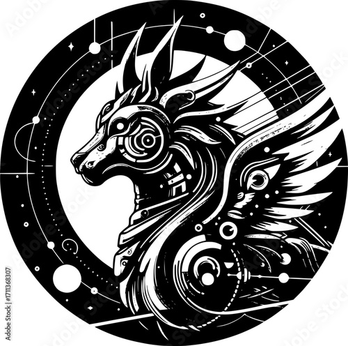Minimalist black and white vector icon of mythological animal, clean lines, modern, scalable, isolated for creative or digital use
