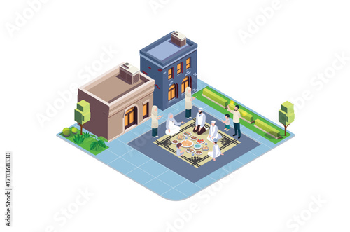 Illustration Praying in islam isometric composition with religious leader and muslims on mats on white background vector illustration, Suitable for Diagrams, Infographics, Book Illustration