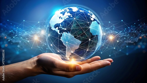 Digital globe hovers above a hand, representing global technology and innovation